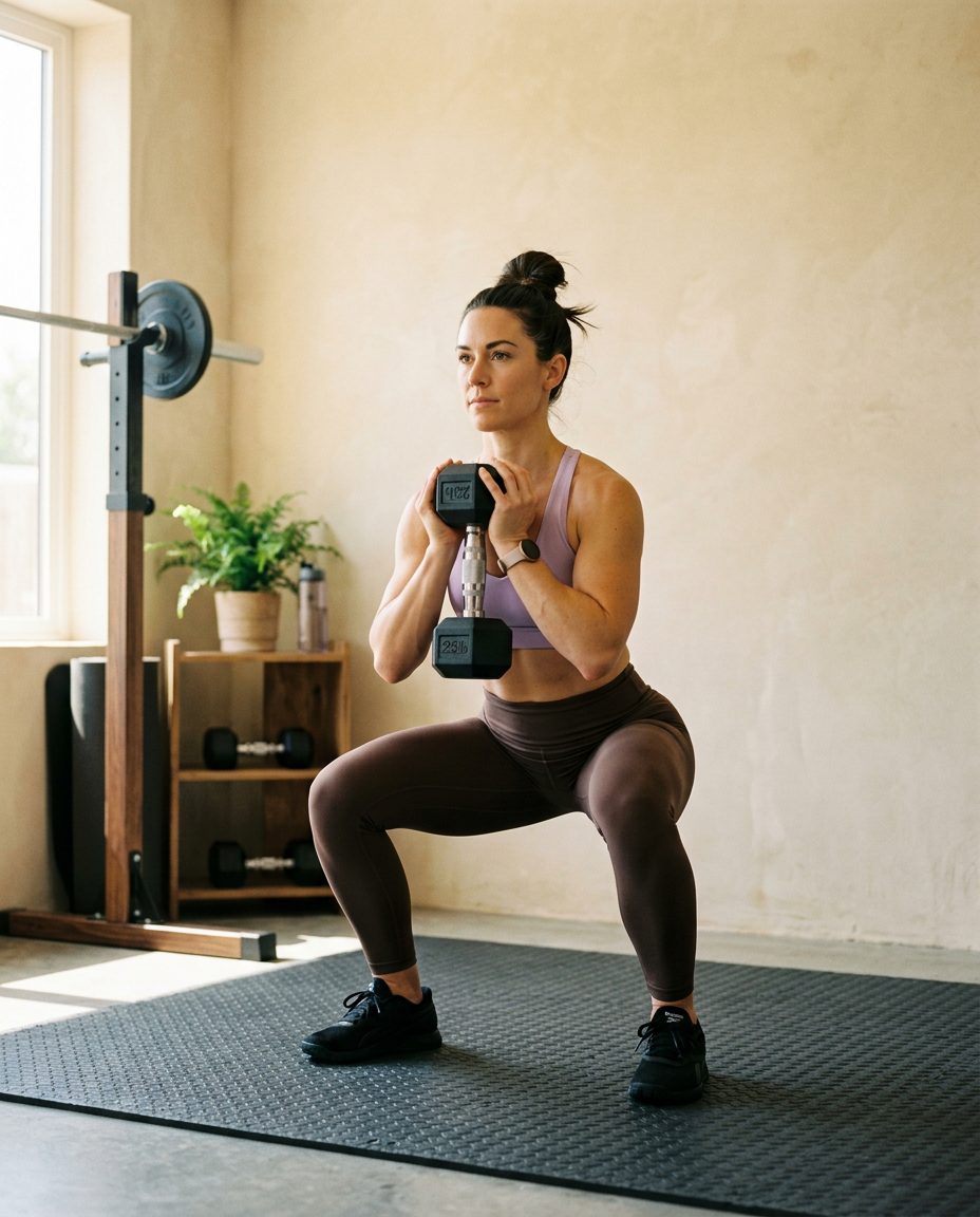 Mom doing a goblet squat with a dumbbell at home